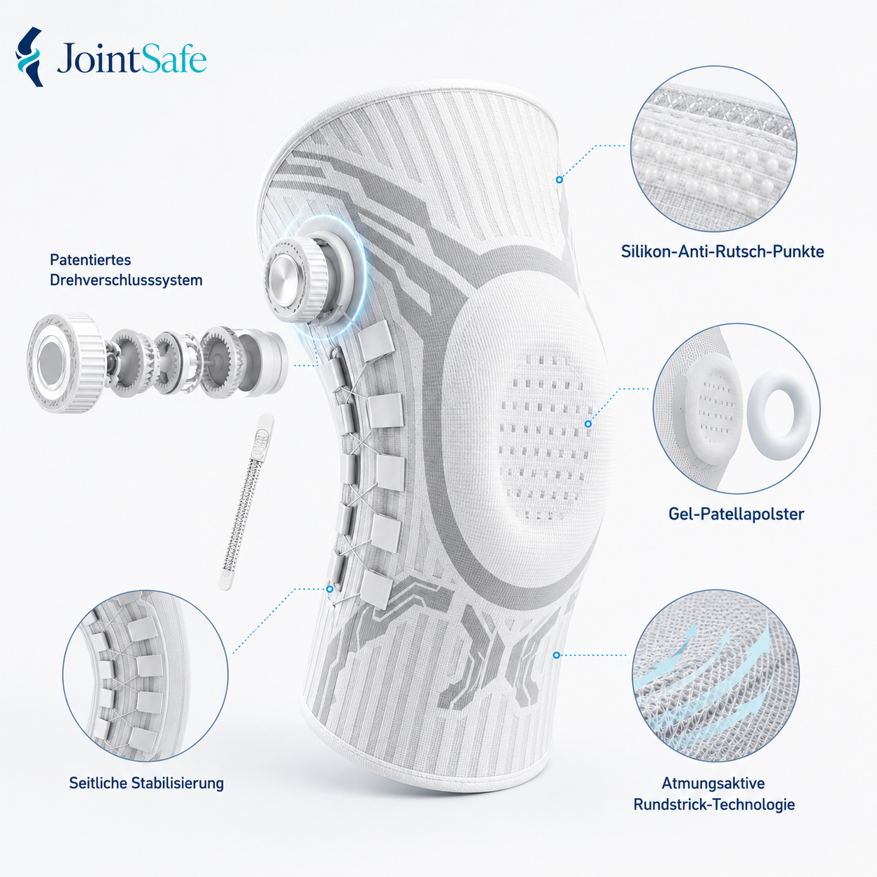 JointSafe Kniebandage – Produktansicht mit Drehverschluss