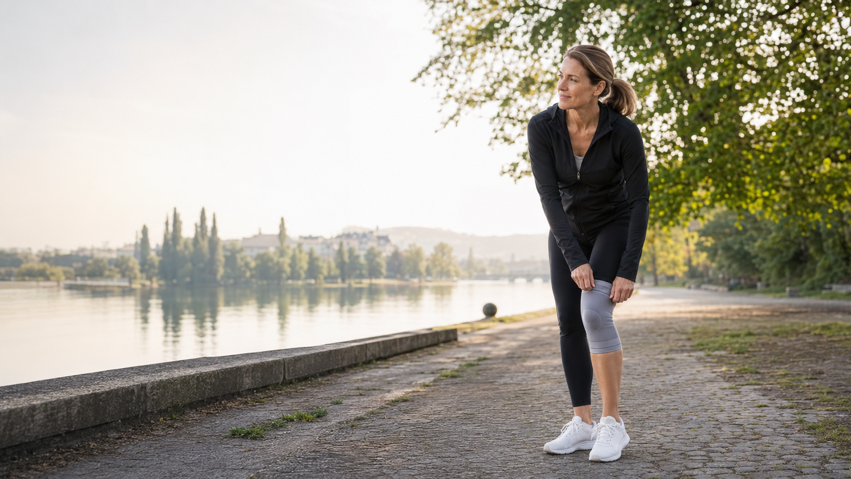 Frau bei einem Spaziergang mit JointSafe Kniebandage