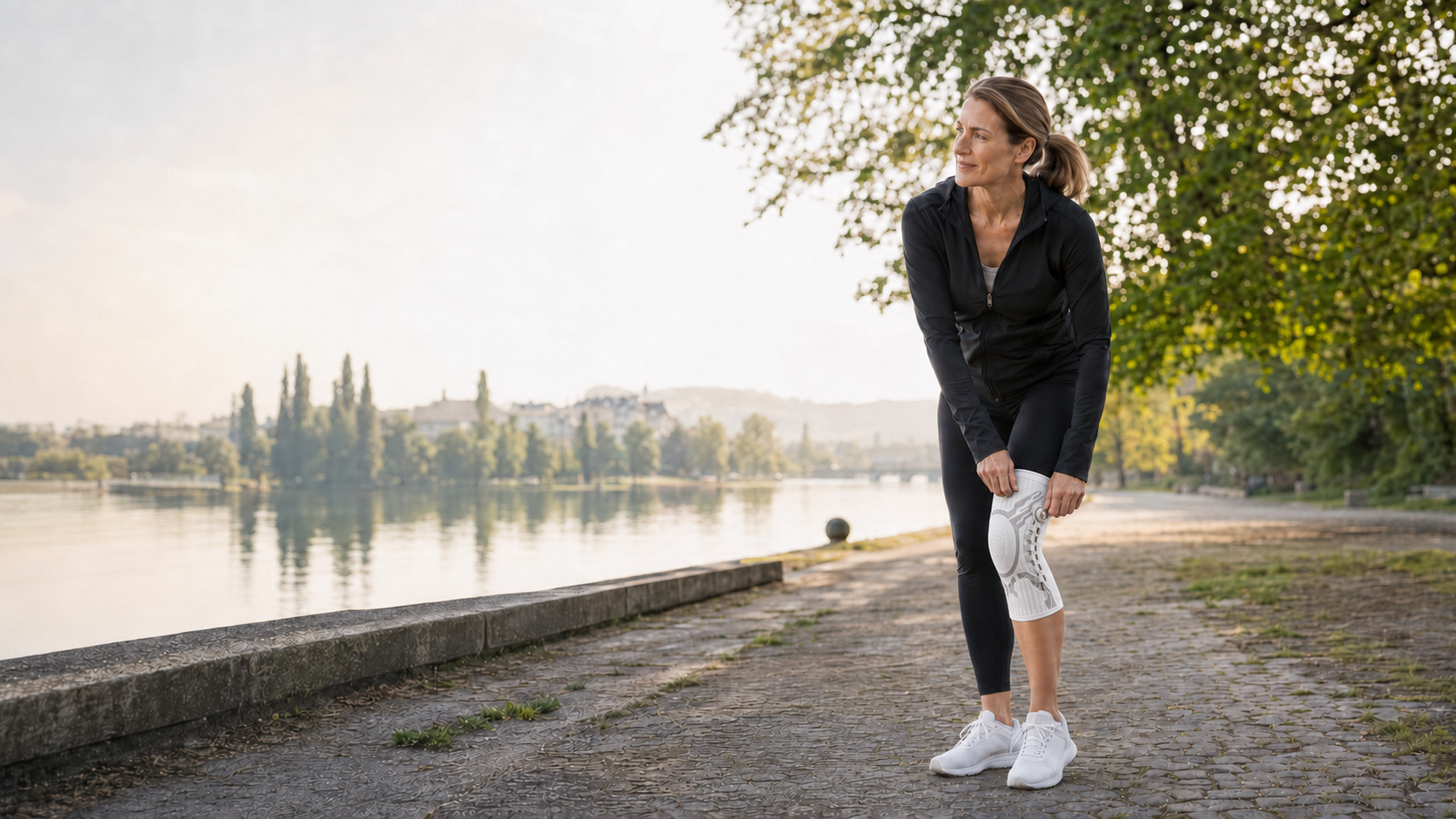 Frau bei einem Spaziergang mit JointSafe Kniebandage